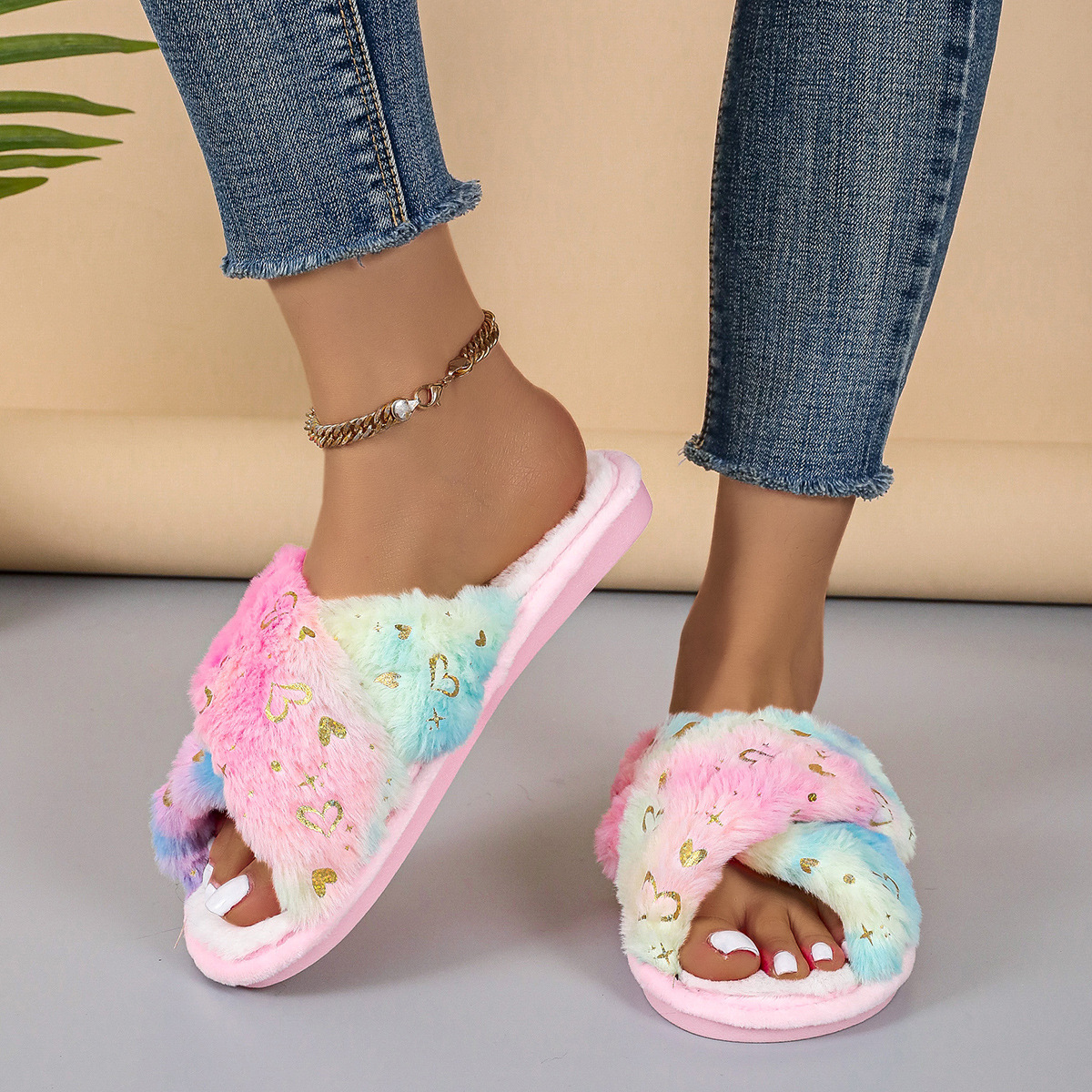 亚马逊交叉彩色毛毛绒拖鞋2024秋冬新款室内保暖棉鞋漏趾毛毛拖鞋详情3