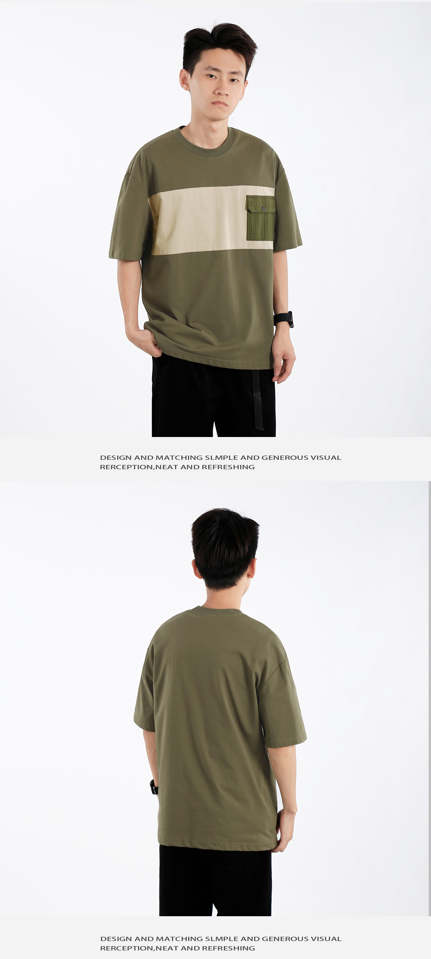 Pocket design, color-blocking short-sleeved T-shirt for men, loose, casual and versatile in summer, round-neck breathable half-sleeve pic 5