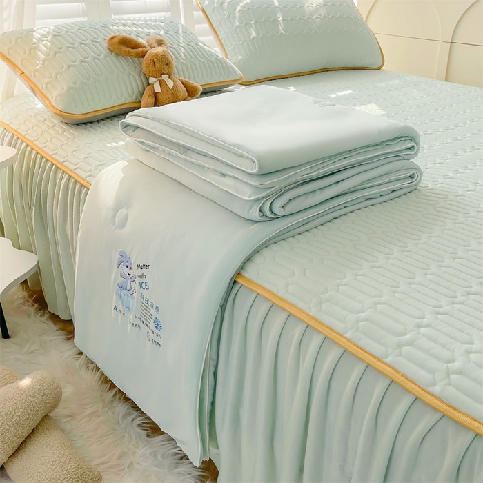 Thai solid-color cool silk latex bed skirt style cool mat four-piece set, air-conditioned quilt, soft cool mat, cool mat, summer cool quilt pic 12