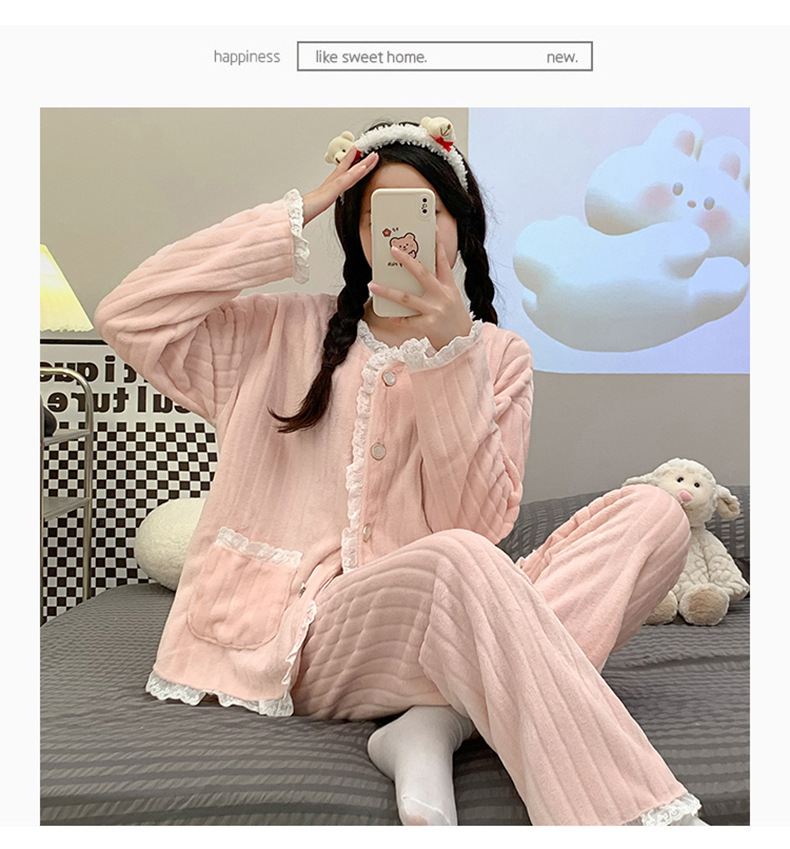 秋冬季女士法兰绒睡衣女冬款长袖加厚加绒可爱女生家居服套装详情31