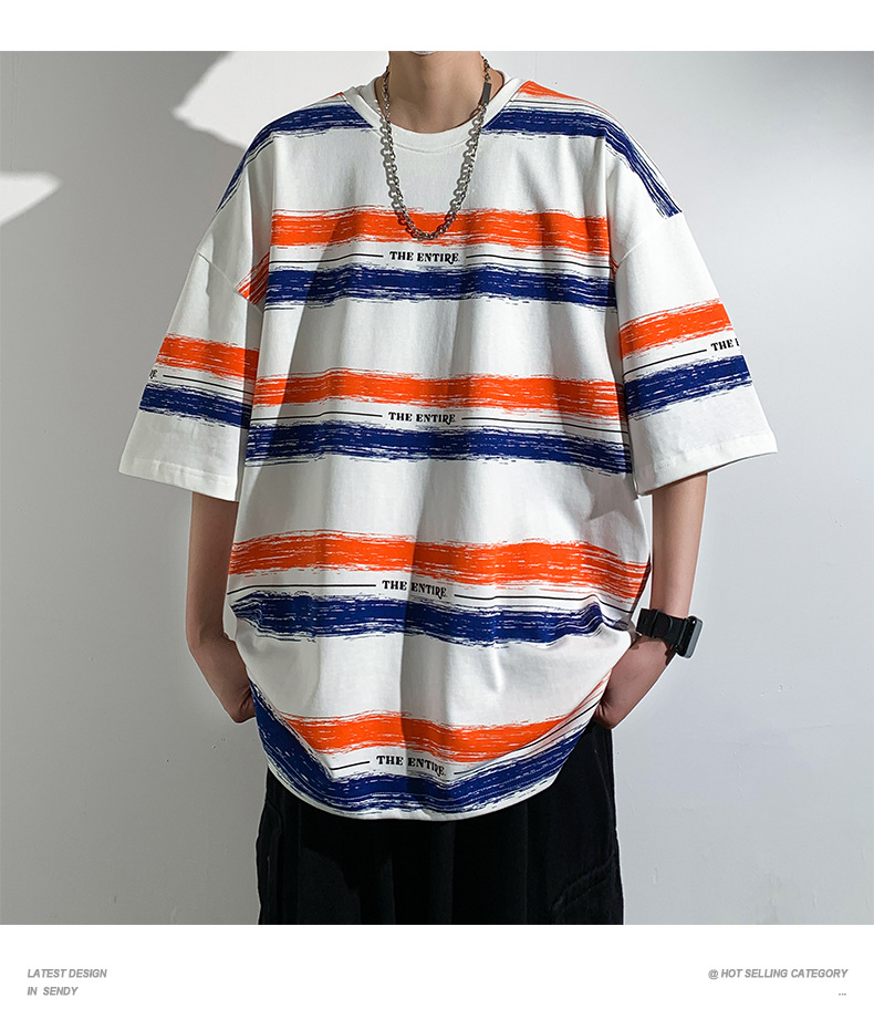 全棉条纹短袖T恤男2024港风青少年百搭宽松五分袖纯棉体恤衣服潮详情14