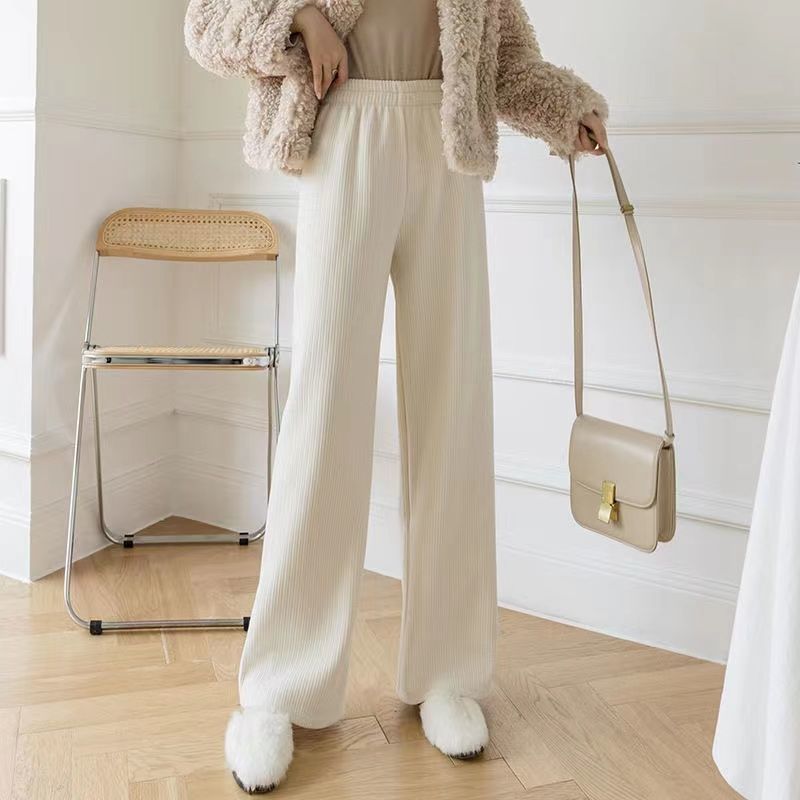 Resistente chenille pantalones de pierna ancha mujer peluche y engrosado otoño invierno nuevo 2021 cintura alta sensación de caída holgada color sólido pantalones rectos pic 3