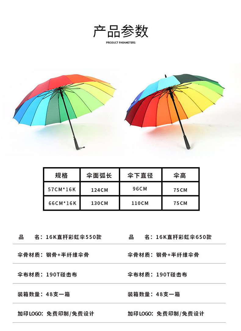 16骨自动长柄雨伞大号双人加固黑直柄防风男女logo商务彩虹广告伞详情4