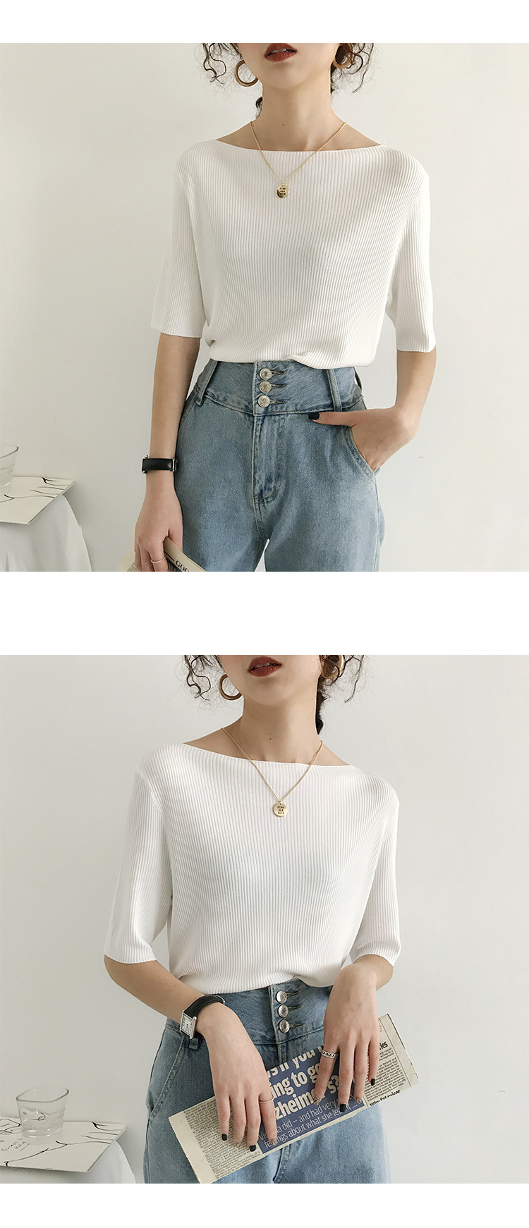 2021春秋新款百搭宽松一字领冰丝内搭针织上衣中袖T恤详情11