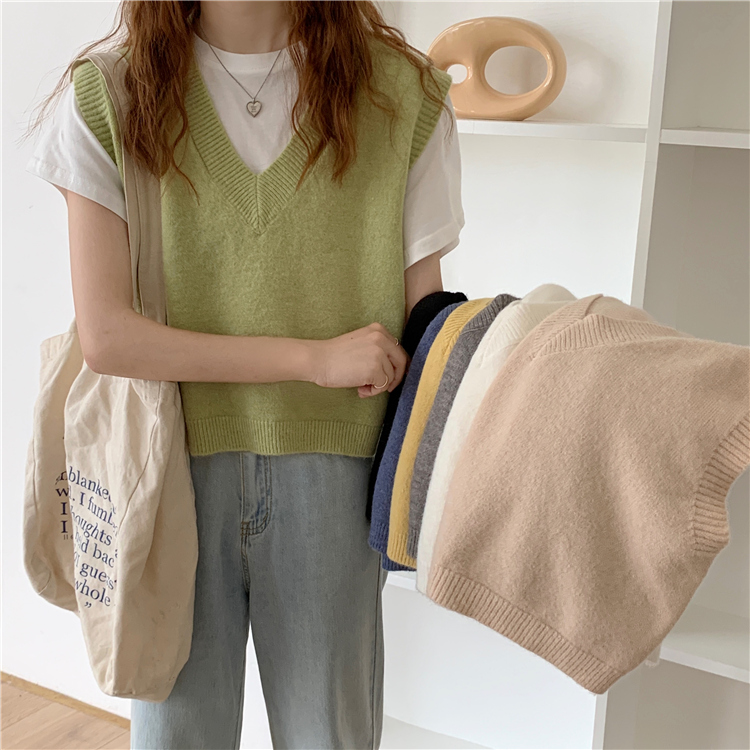 新款春秋女装洋气宽松显瘦V领毛衣外穿鹅黄色针织马甲背心详情5