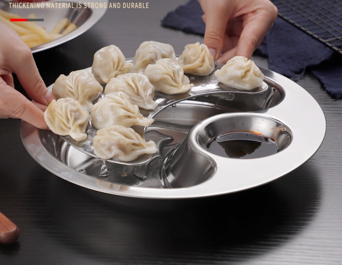 Stainless steel round dumpling plate with vinegar dish, thickened household dumpling plate and snack plate pic 3
