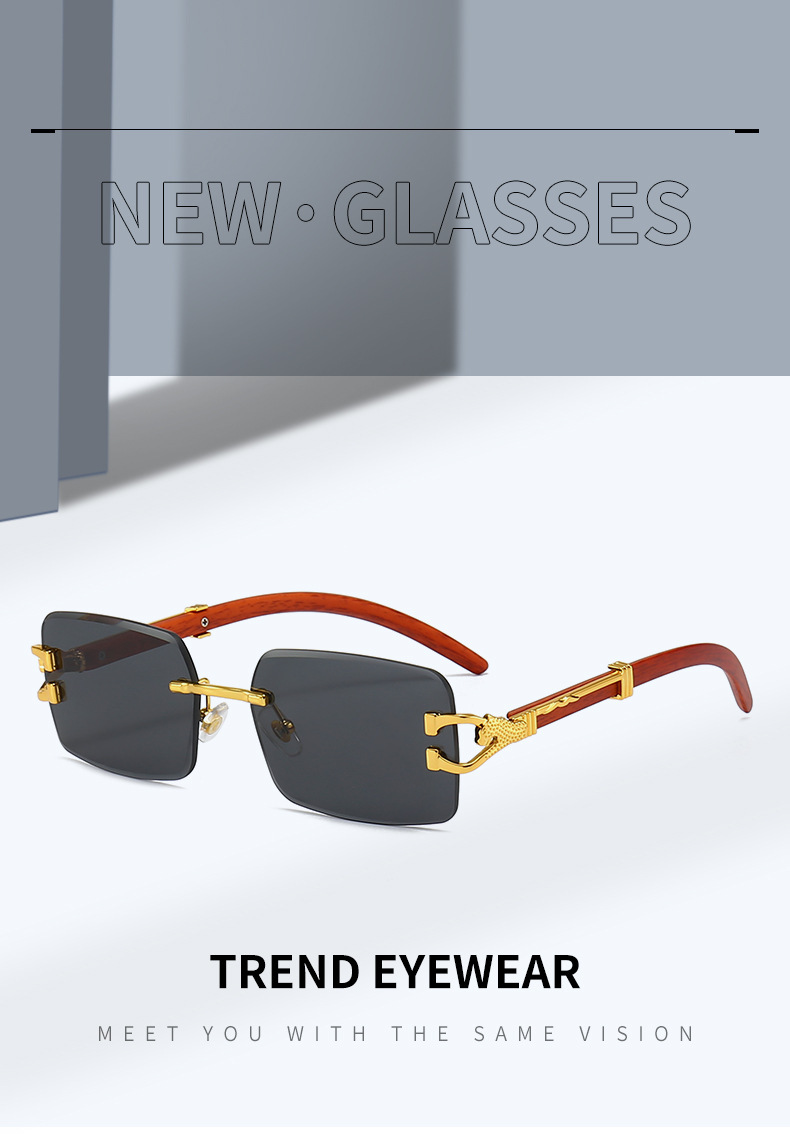 新款时尚无框太阳镜男款个性豹子木纹镜腿方框墨镜女潮跨境批发详情1