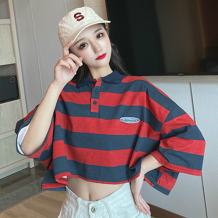 Real photos of Japanese-style retro polo shirts for women in summer, short-sleeved loose Hong Kong-style half-sleeved T-shirts, and summer tops pic 13
