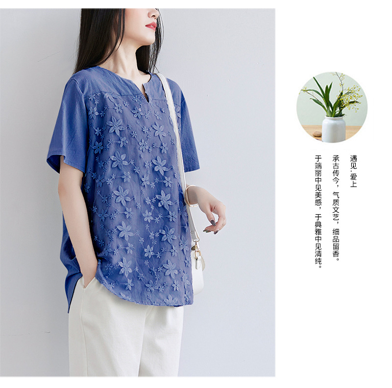 2022夏季新款速卖通欧美女装蕾丝刺绣短袖衬衫宽松女士上衣T恤详情10