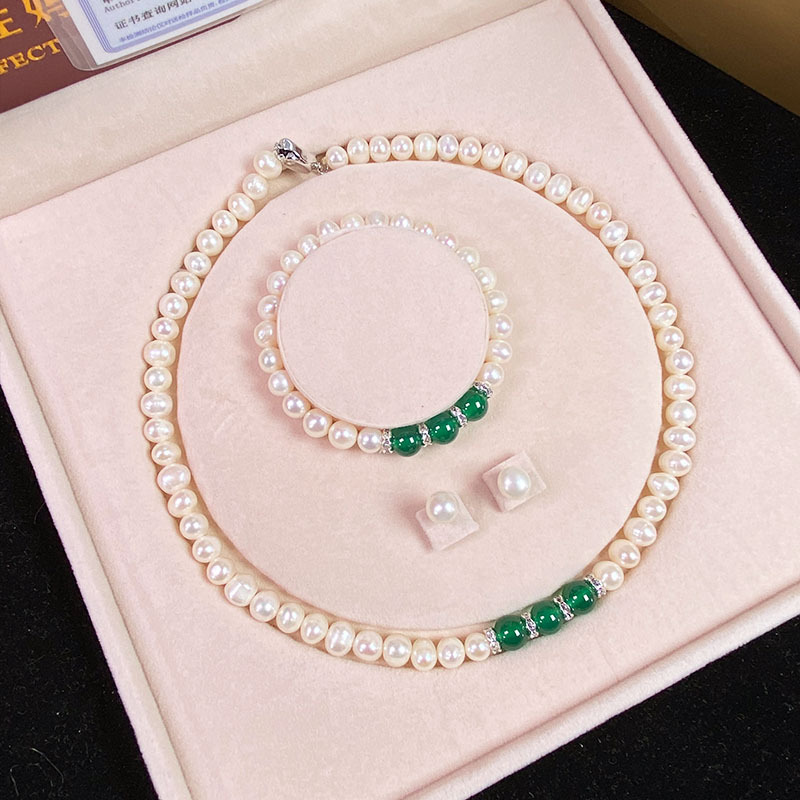 天然淡水珍珠项链绿玉髓吊坠白珍珠手链套装送妈妈婆婆母亲节批发详情31