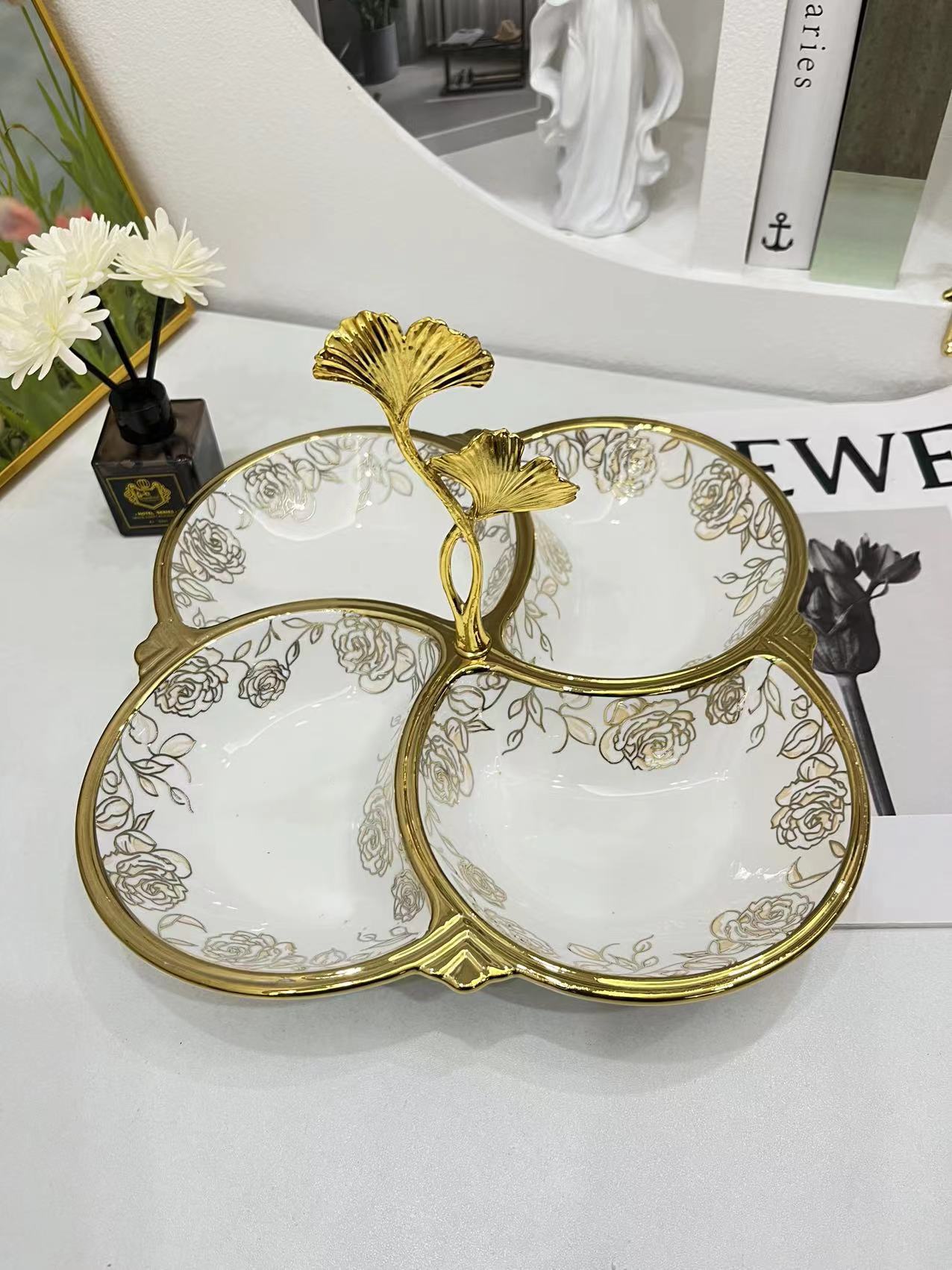 Creative ceramic multi-compartment fruit plate, pastry plate, flower tea, dried fruit snack plate, crystal, 4-compartment tableware, fruit plate, 13-piece golden castle vase pic 15