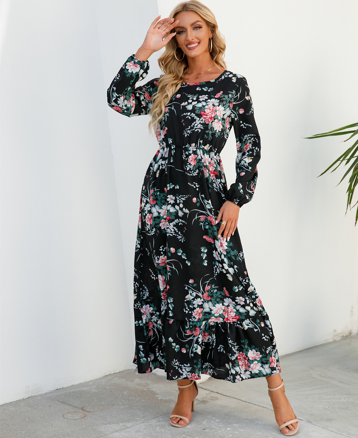 European and American floral long, round-neck, long-sleeved, waist-cinching and slimming dress pic 63