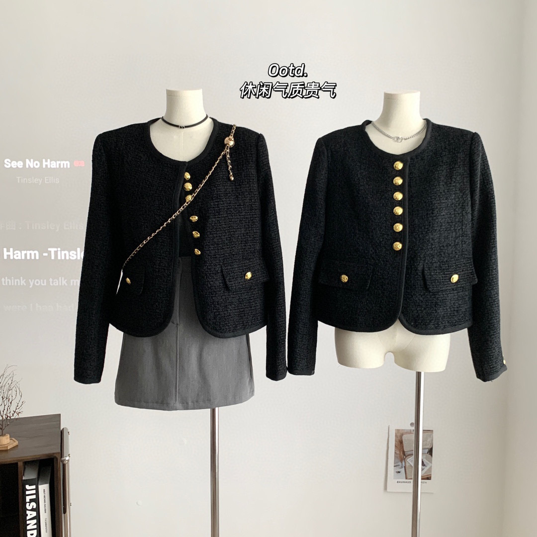同款~黑色小香风短外套女23秋冬新款粗花呢六扣双口袋详情25