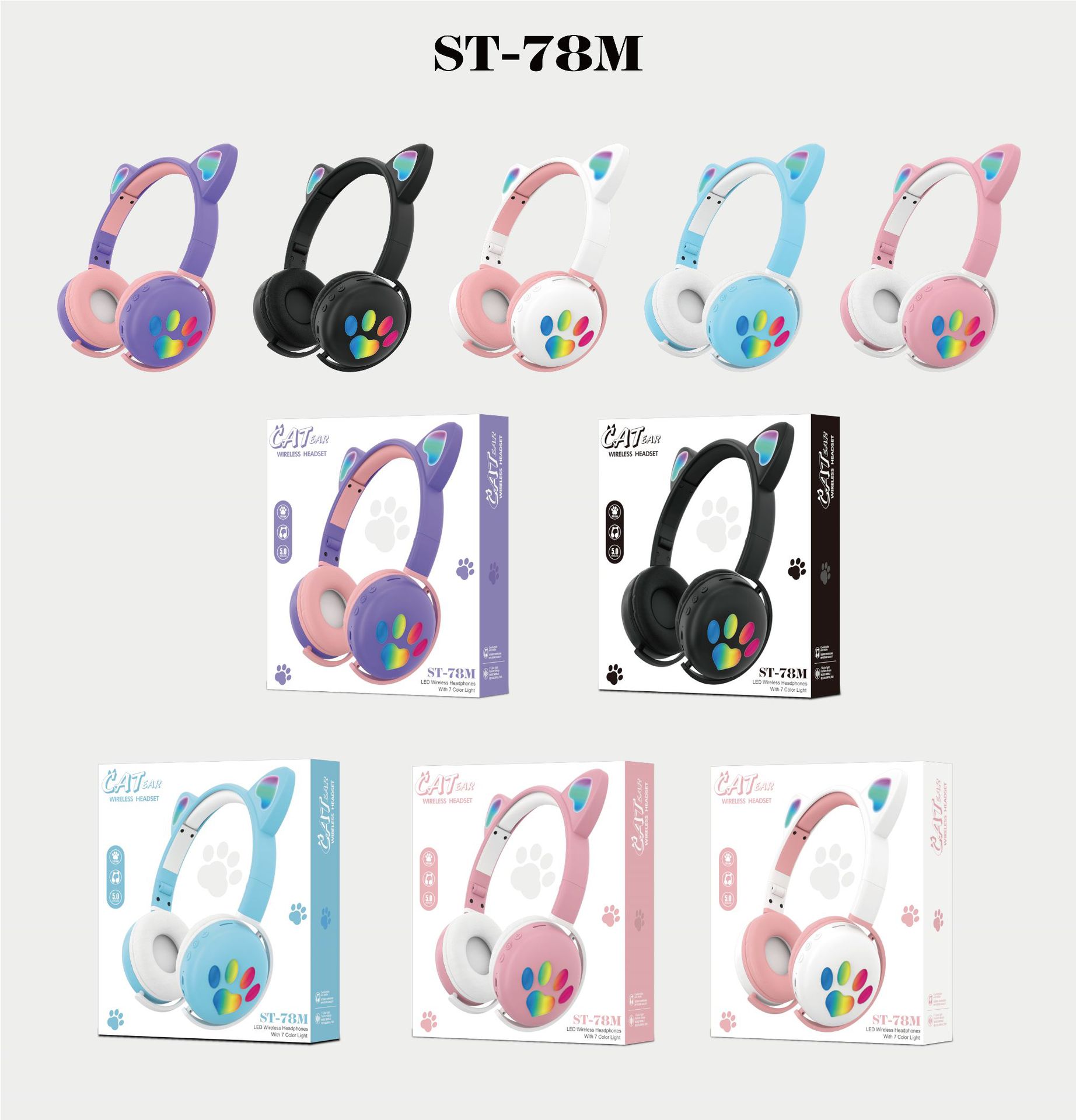 The original factory of the new cat ear over-ear wireless Bluetooth headphones ST78M cat paw LED fashionable neutral FM headset pic 7