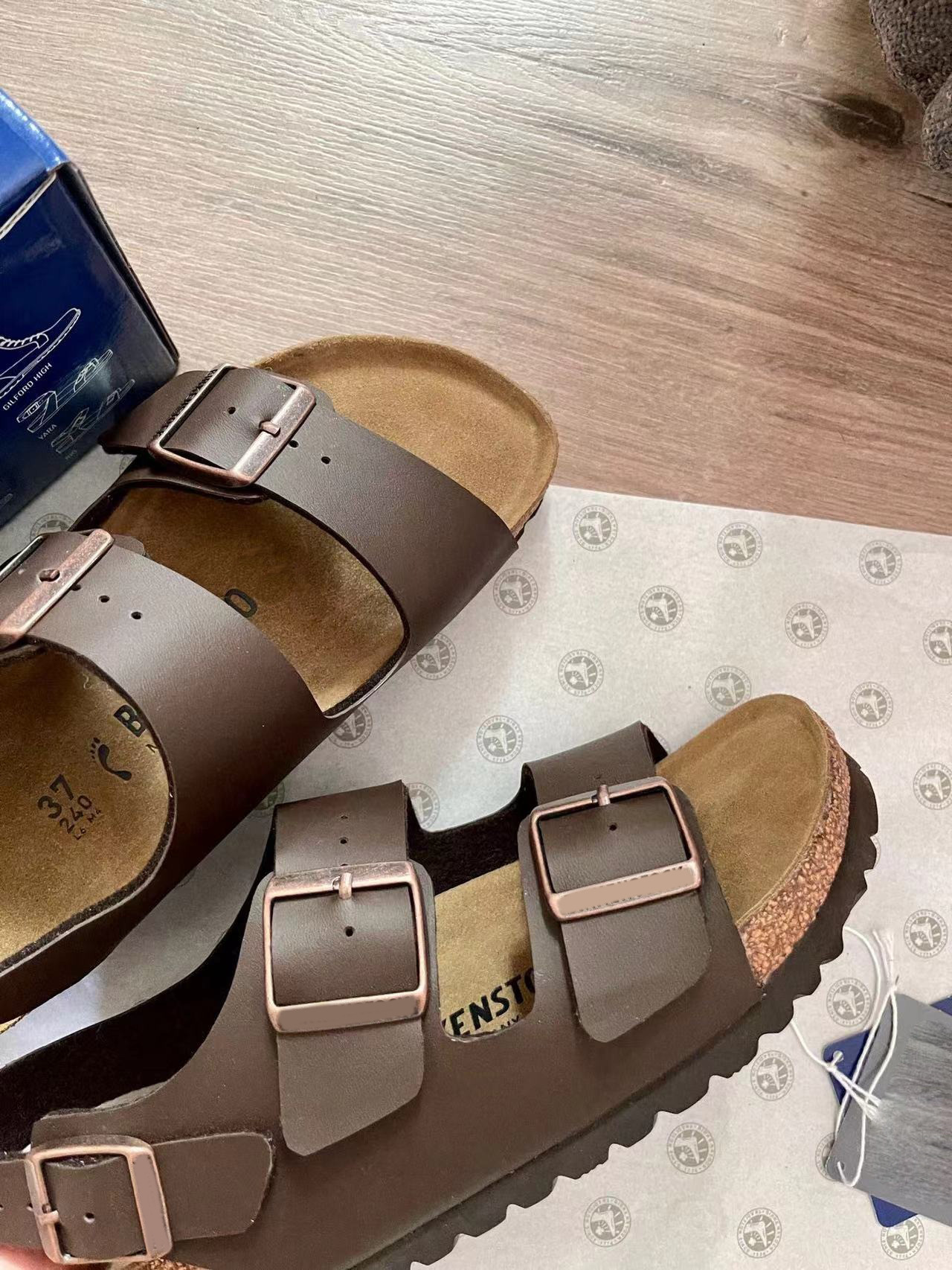 BK全牛皮勃肯鞋真皮软木凉鞋复古男女款厚底双排扣棕色大码博肯鞋详情36