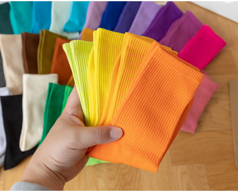 糖果色女士袜子女长筒春秋季简约ins潮流中高筒学生运动彩色棉袜详情8