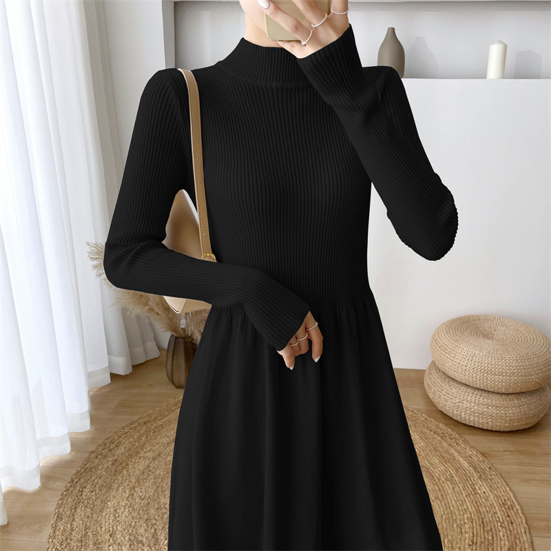 Semi-high neck mid-length elegant woolen dress, new autumn/Winter 2024 Korean-style long-sleeved base knitted dress for women pic 45
