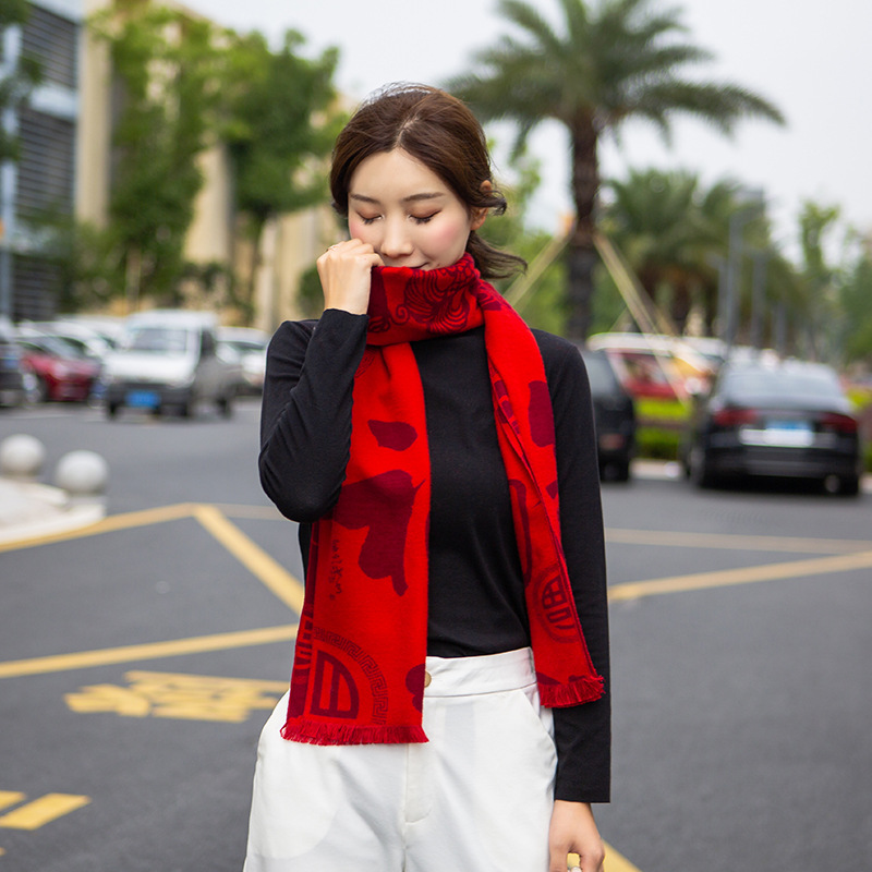Autumn and winter silk velvet long scarf, Chinese red tassel warm scarf, company annual meeting souvenir shawl for women pic 34