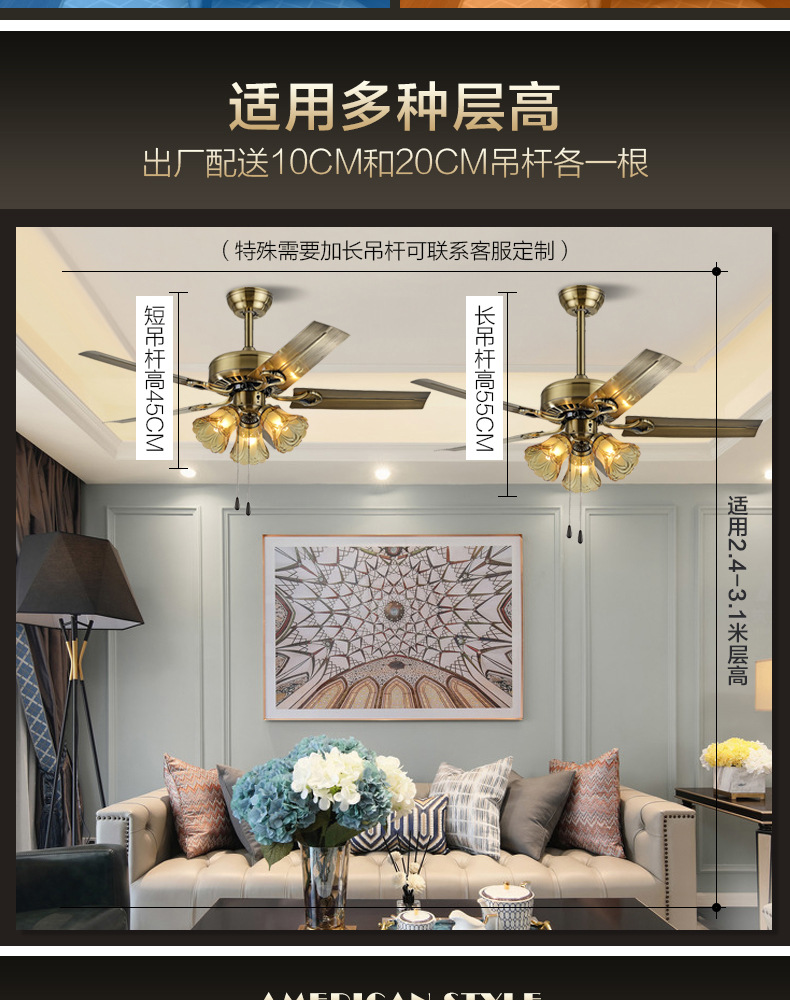 Industrial ceiling fan lights, European-style wood leaf bedroom electric fan lights, retro living room chandeliers, iron leaf dining room fan lights pic 8