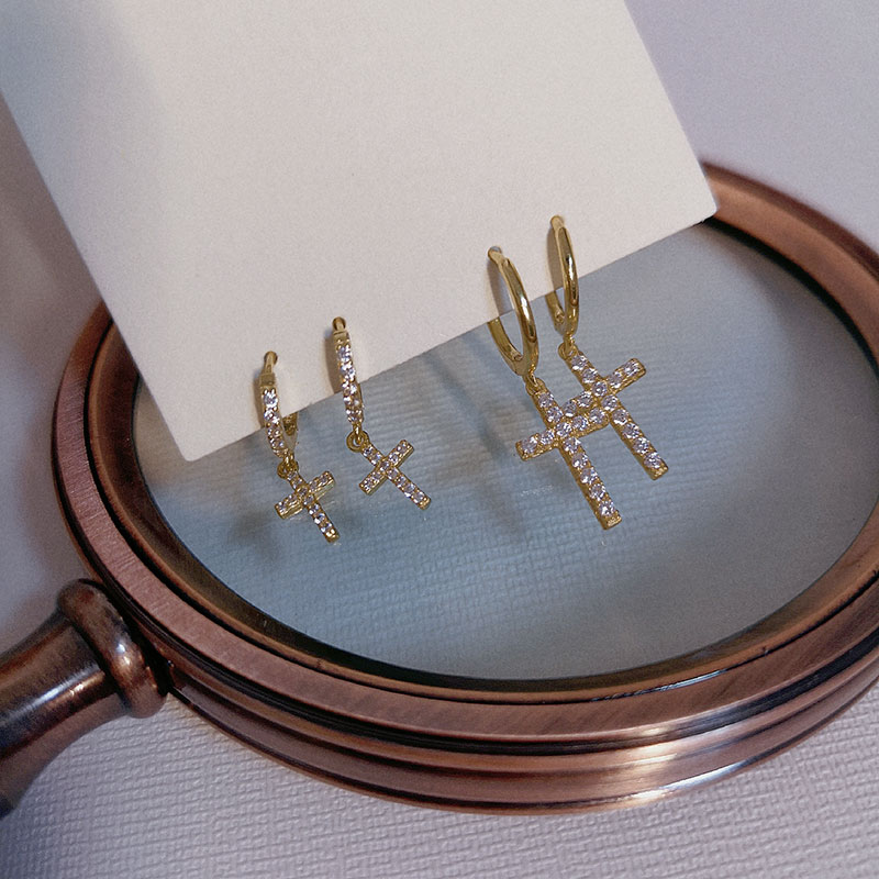 925 sterling silver earrings, personalized cross-shaped micro-inlaid zircon small ear rings, simple ear buckles, European and American accessories pic 11