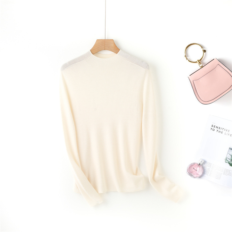 Fine-spun, machine-washable wool 100 knitted sweater design, semi-high collar, slimming, solid color autumn new wool sweater top pic 10