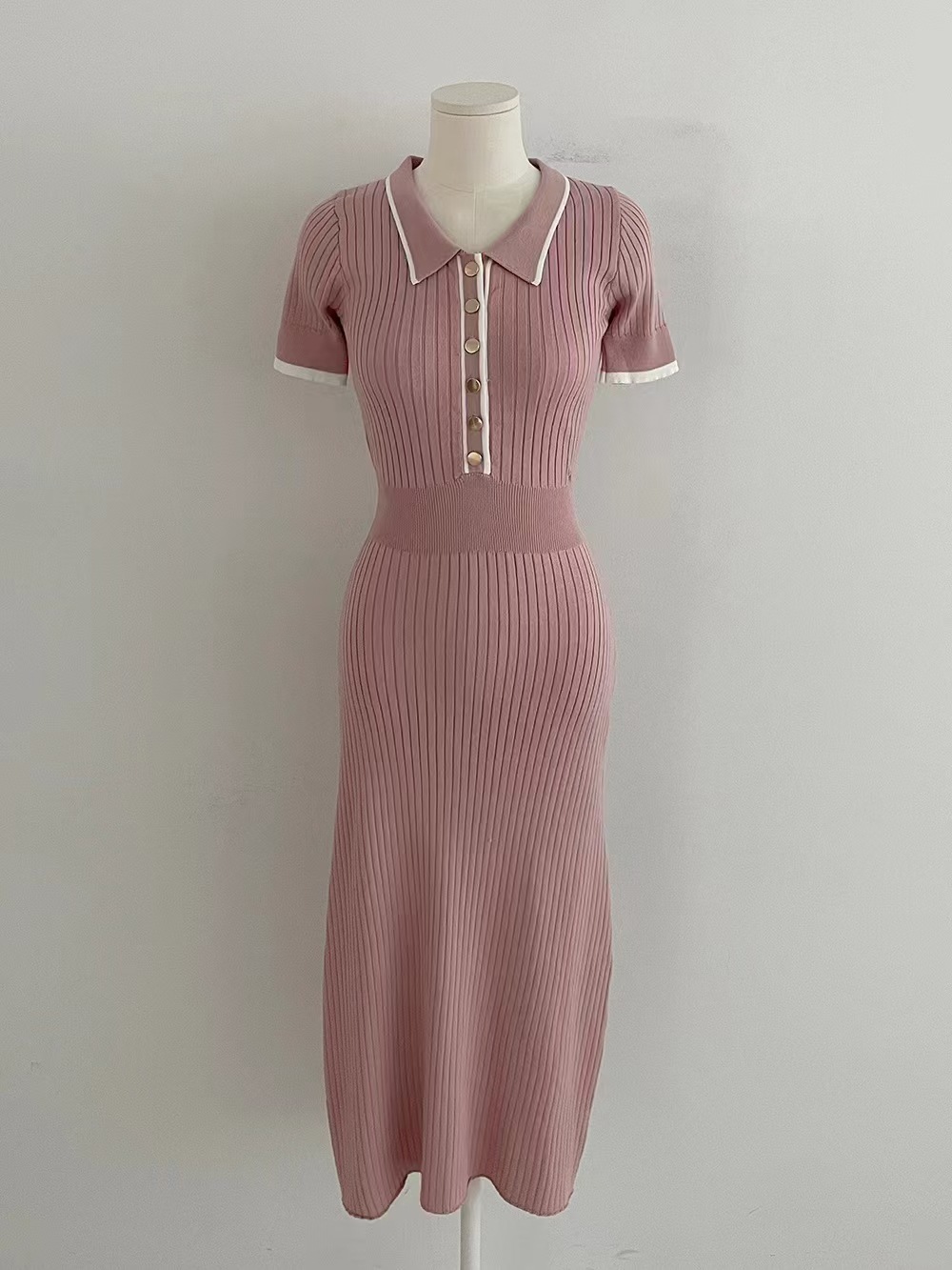 韩版chic复古纯欲风POLO领弹力修身显瘦撞色短袖针织包臀连衣裙详情8