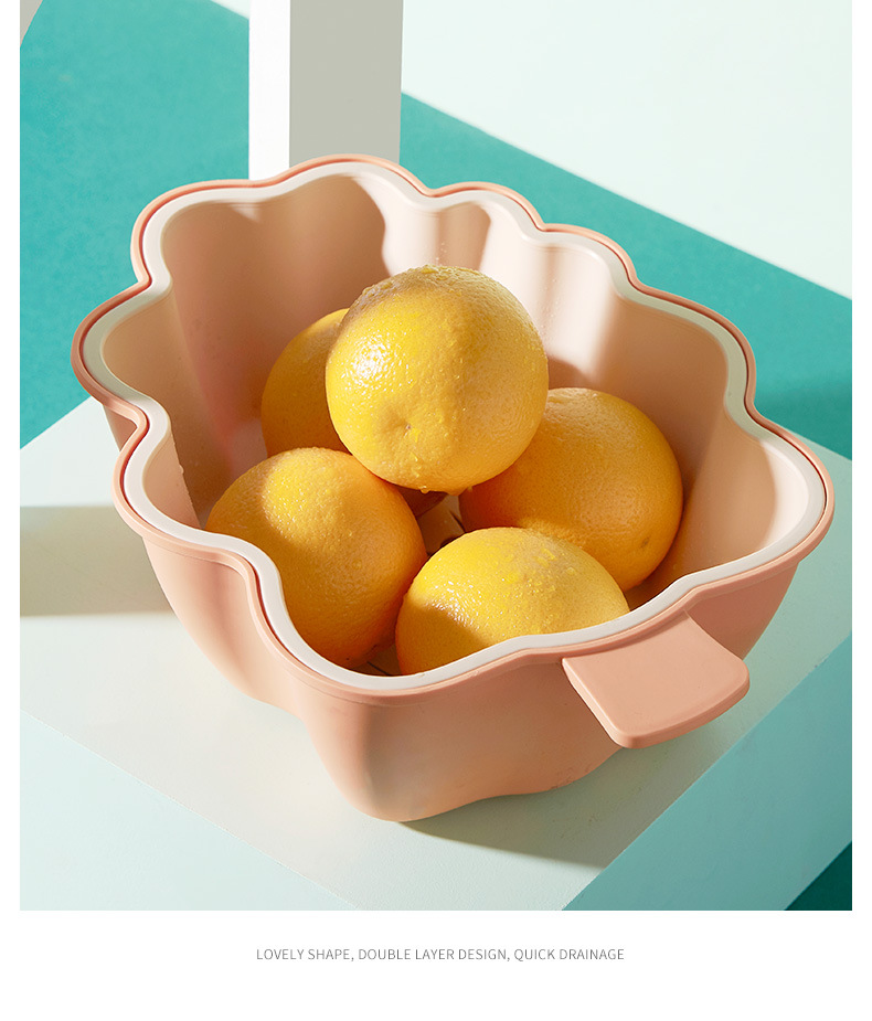 Plastic household draining basin, kitchen fruit and vegetable storage basket, leaf-shaped two-color water filter basin, fashionable double-layer draining basket pic 12