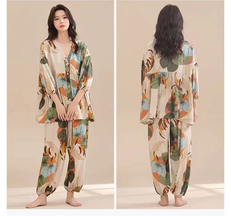 春夏新款棉绸睡衣套装女士七分袖大码宽松空调服家居服两件套详情11