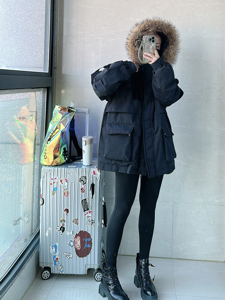 High-quality American retro outdoor workwear for couples, thickened white duck down, detachable genuine fur collar Parker down jacket pic 5