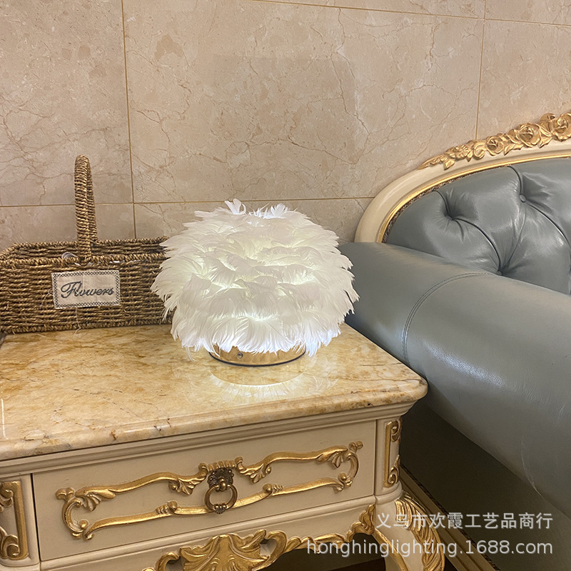 USB charging feather table lamp for bedroom, simple, modern and creative Nordic style, warm and romantic wedding bedside lamp pic 11