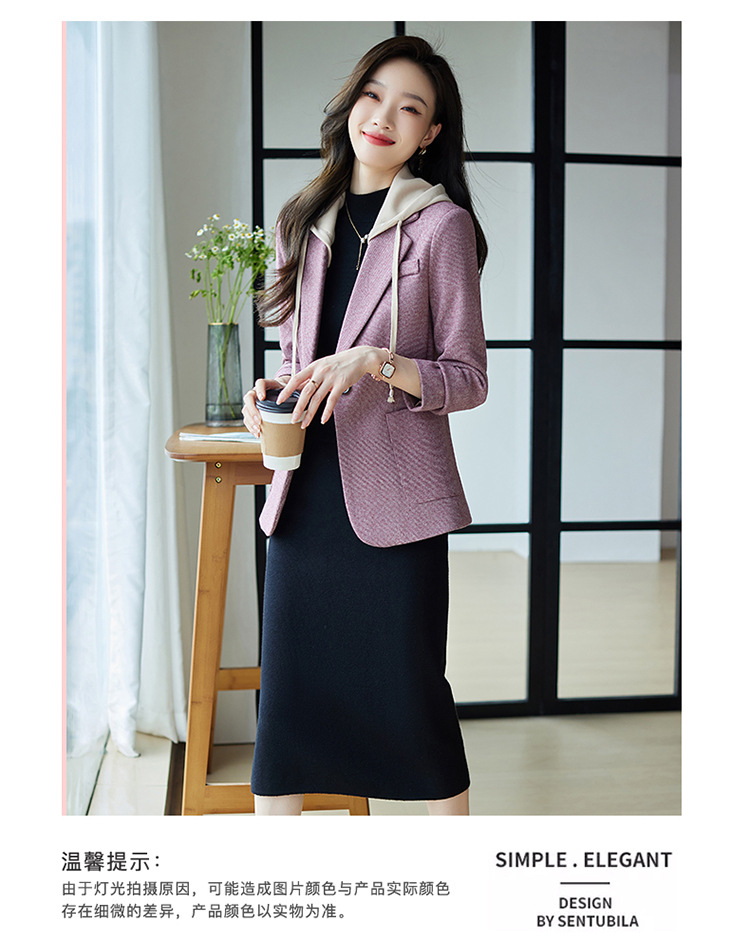 休闲假两件连帽西装外套女式春秋新款韩版高级格纹设计感西服上衣详情11