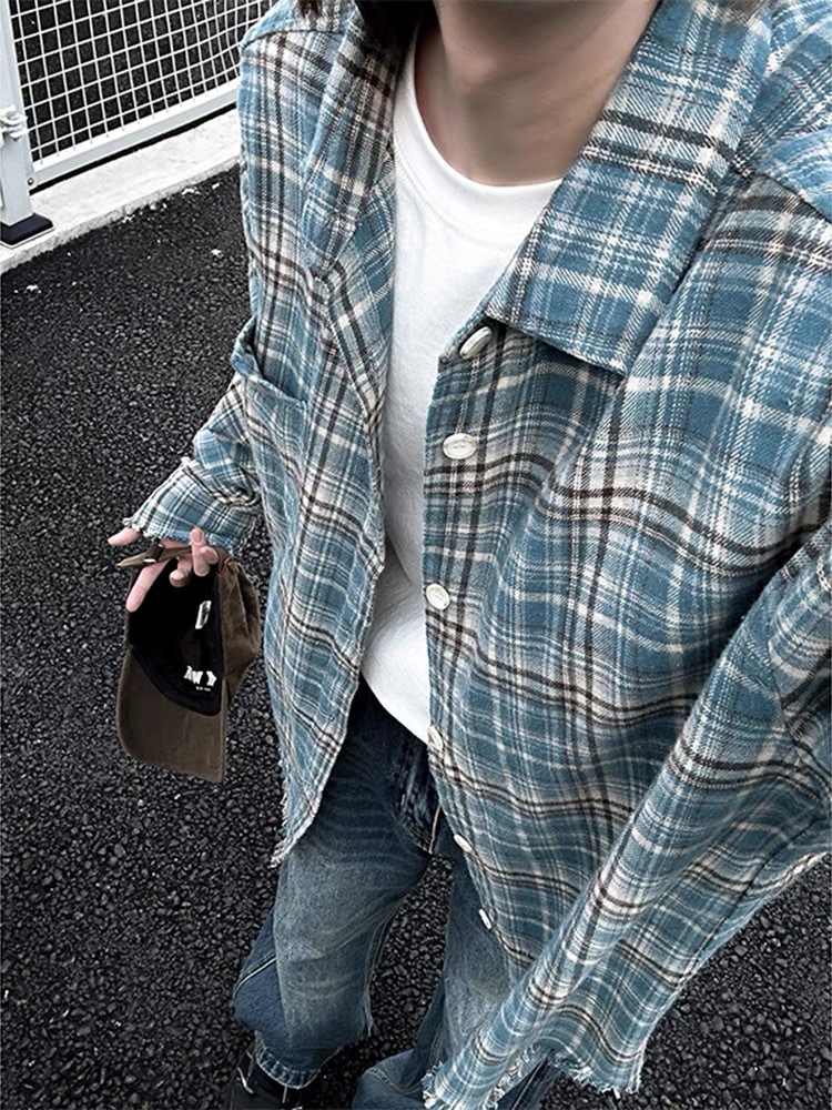 高货复古格纹法兰绒流苏破坏格子衬衫cleanfit设计感男女春季上衣详情9