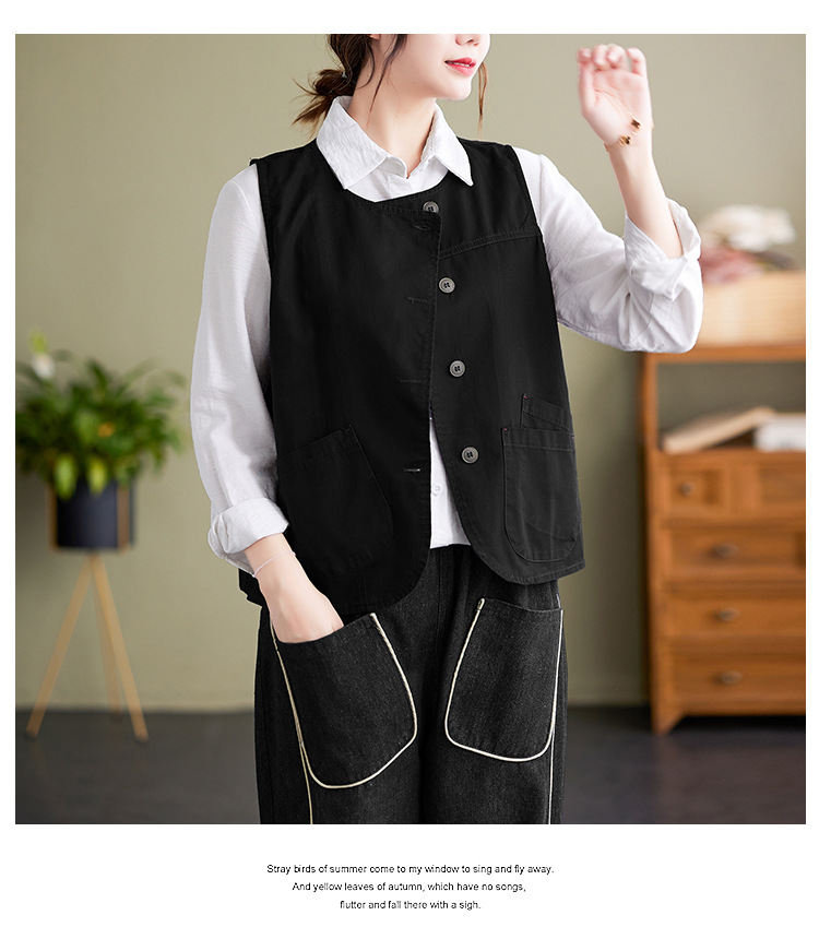 实拍2023年气质百搭小马甲女士春季新品单排扣宽松显瘦无袖马夹详情4