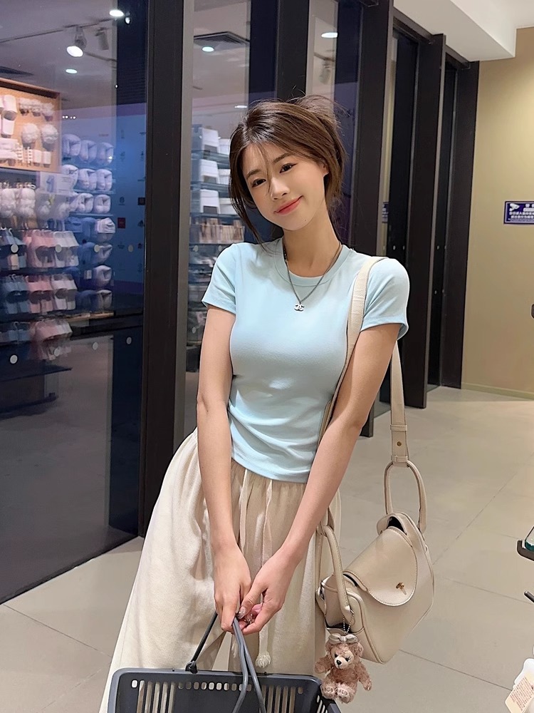 白色短袖打底衫内搭t恤女2024夏季新款显瘦修身辣妹短款正肩上衣详情12