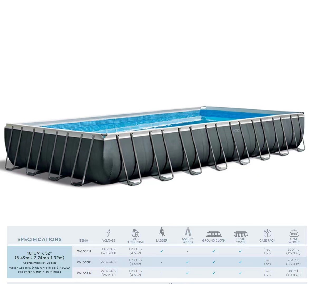 intex 26356 Dark grey rectangular tubular frame pool Outdoor family swimming pool Courtyard rectangular pool pic 4