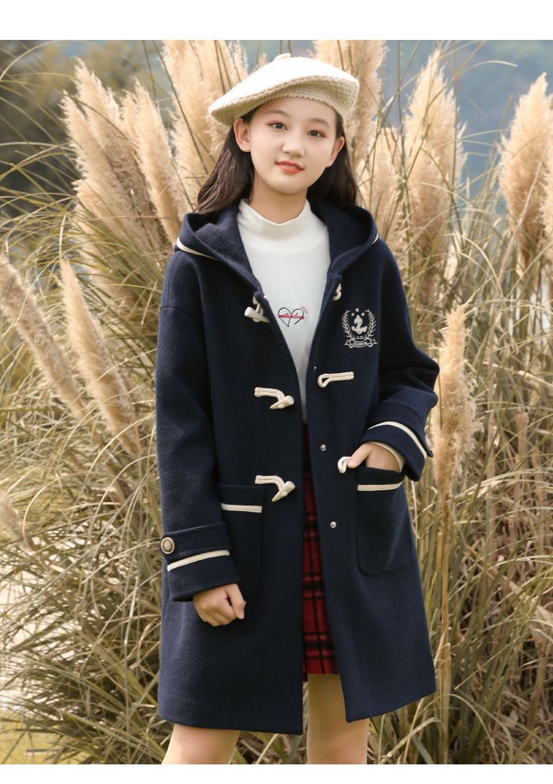 21516 College-style woolen coat 2021 Autumn/Winter new style for junior high school students, winter wear for girls with horn buttons and woolen fabric pic 12