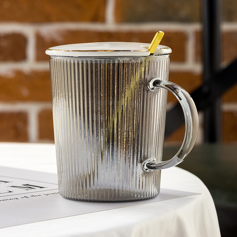 Creative summer high borosilicate glass cup, popular coffee cup, transparent vertical pattern afternoon tea cup set, tea brewing cup wholesale August ceramic pic 12