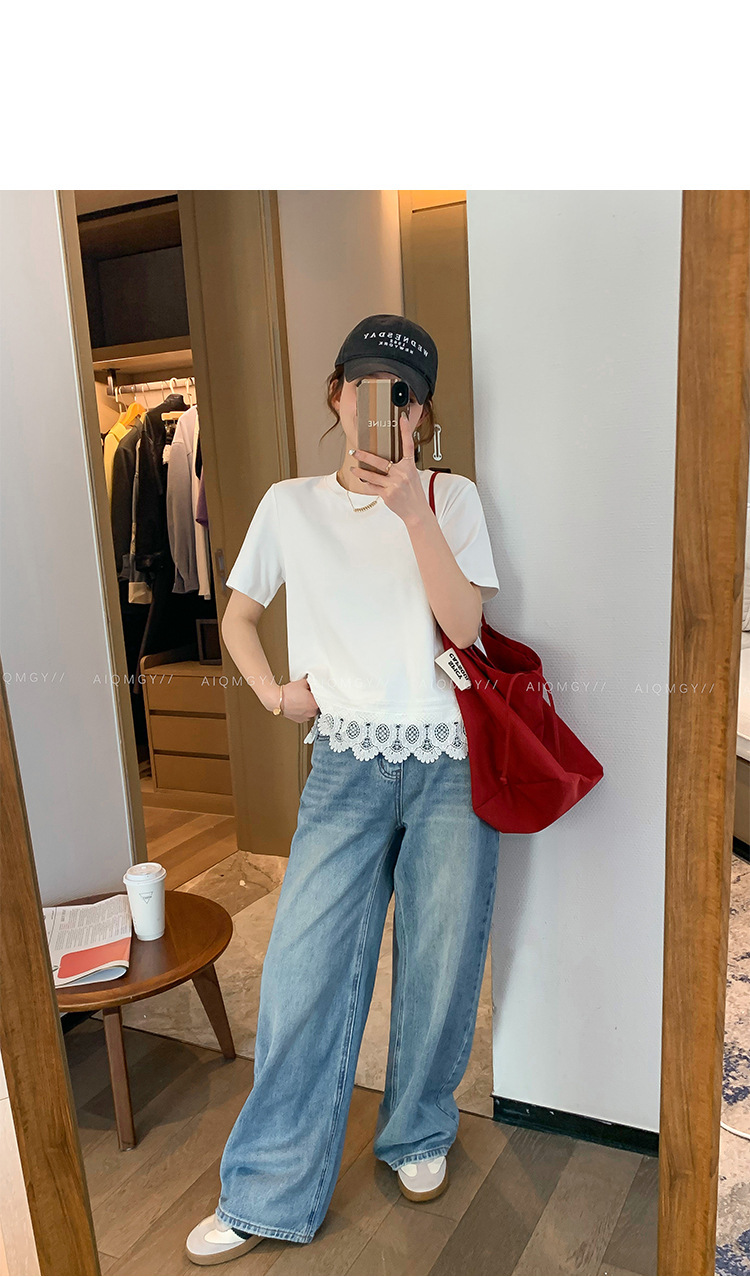 A new loose top for women in the summer of 2025, featuring a white round-neck short-sleeved lace trim patchwork T-shirt pic 5
