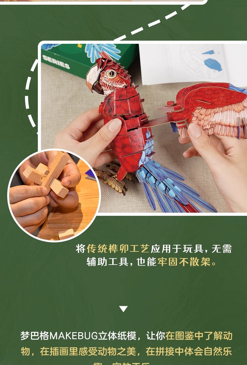梦巴格3D立体纸拼图益智模型拼插装玩具自然科普动物手工金刚鹦鹉详情7