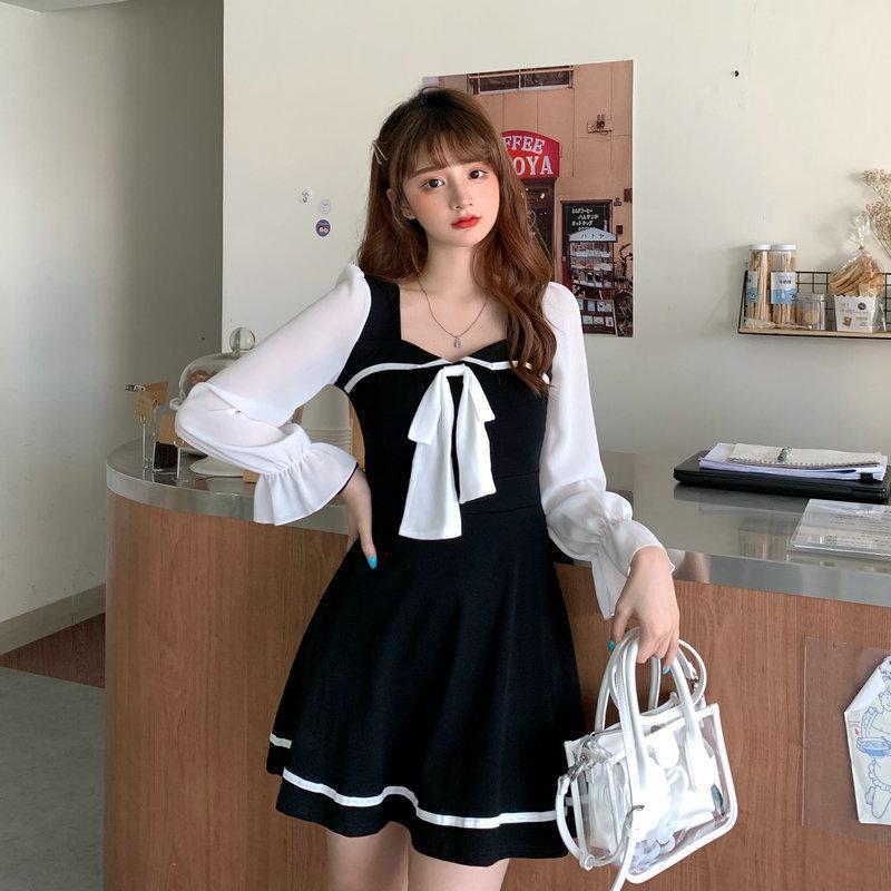 秋装新款性感方领泡泡袖连衣裙女大码胖mm条纹蝴蝶结显瘦长袖裙子详情6