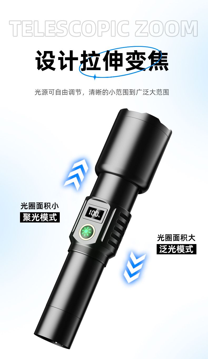 Cross-border white laser zoom high-intensity flashlight, outdoor waterproof, USB charging, power display, high-power LED flashlight pic 8