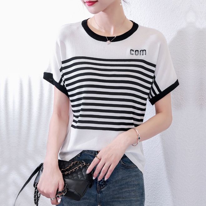 t恤高档夏季女装新款宽松韩版上衣女士针织衫短袖打底衫碎花条纹详情10