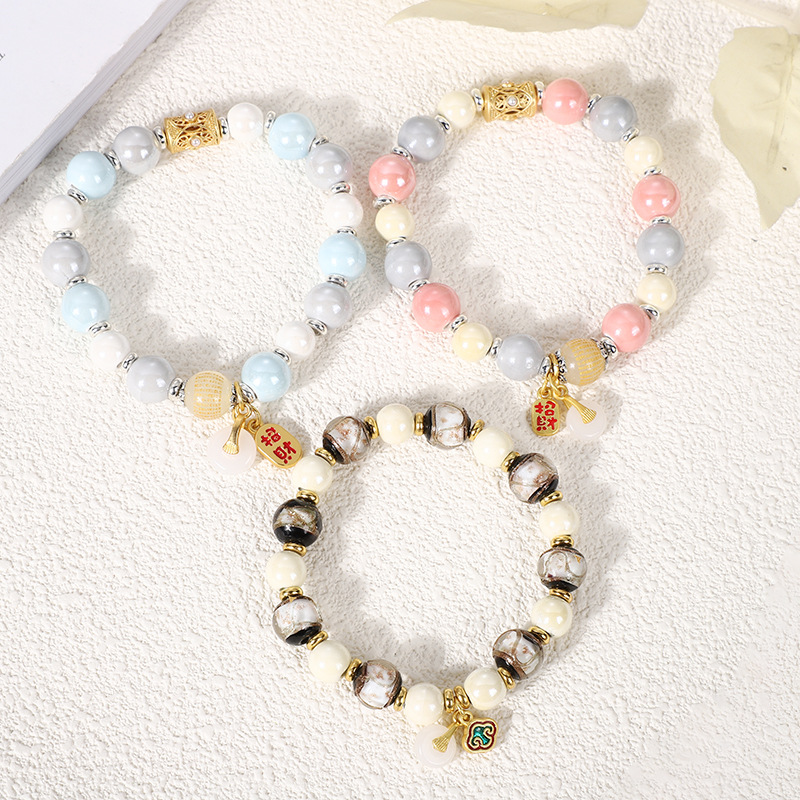 Classical incense ash porcelain glazed heart bracelet Macaron series wealth and good fortune bracelet for men and women single-circle cultural and artistic jewelry pic 4