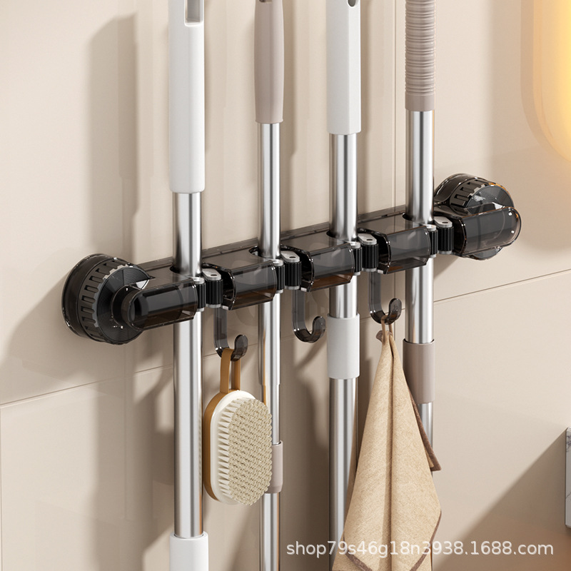 Wall-mounted four-clamp mop rack, powerful suction cup mop rack, multi-purpose hook hanging rack for kitchen and bathroom, household storage rack pic 30