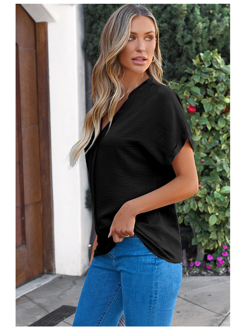 时颖夏季新款纯色V领短袖T恤女欧美时尚褶皱薄款透气套头衫女详情13