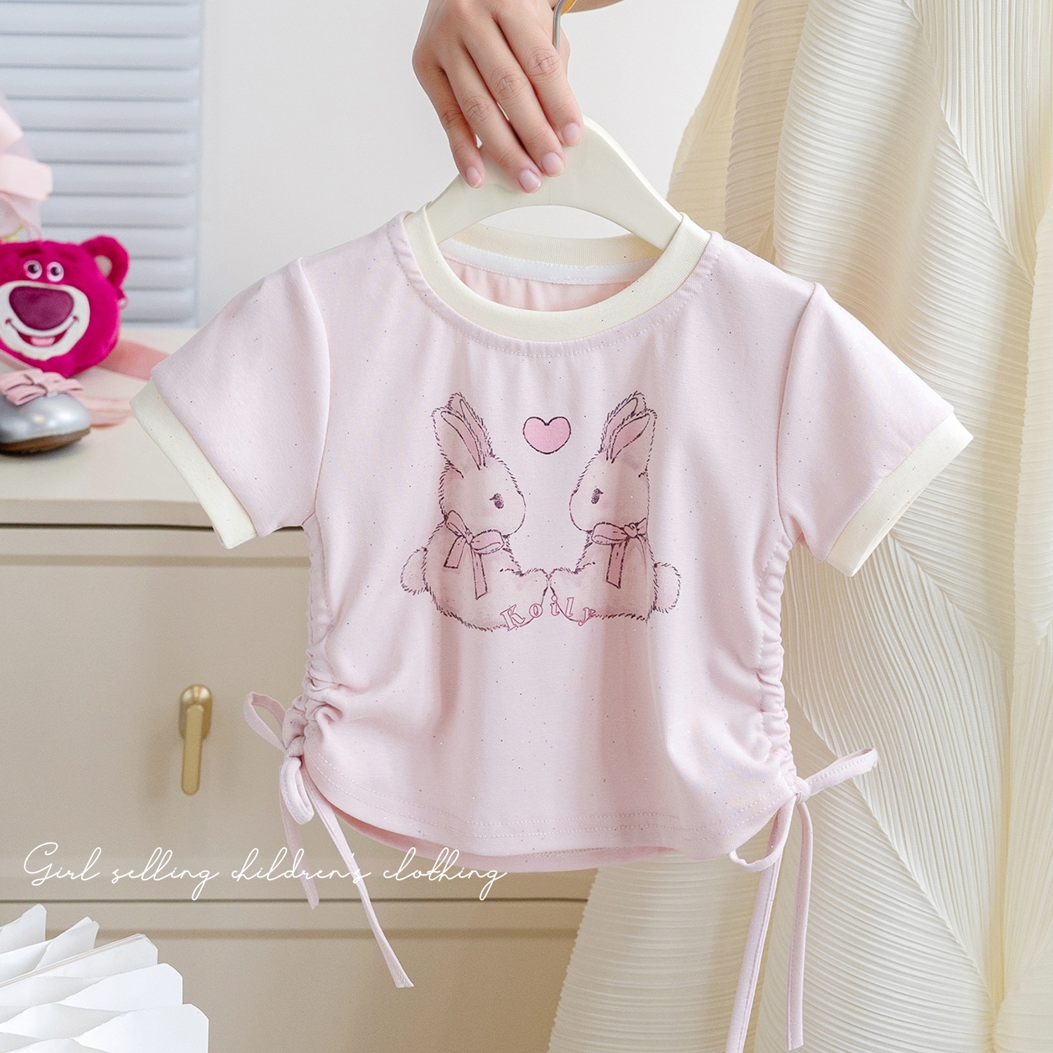 女童夏季短袖韩版2024新款儿童纯色卡通T恤女宝宝抽绳半袖上衣潮详情6