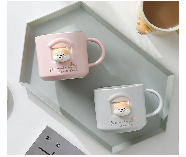 立体柴犬可爱卡通陶瓷杯秋田犬马克杯带盖勺学生办公家用水杯情侣详情20