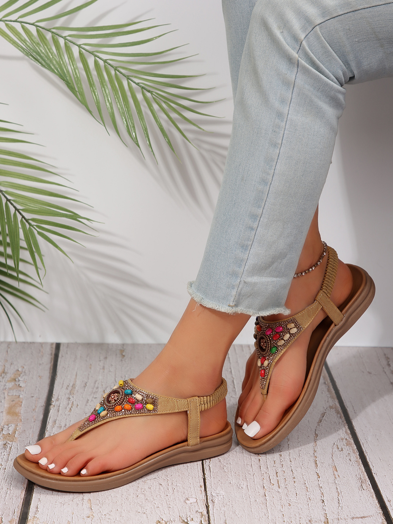 罗马凉鞋女2024年夏季仙女风平底学生舒适夹脚趾波西米亚串珠凉鞋详情9