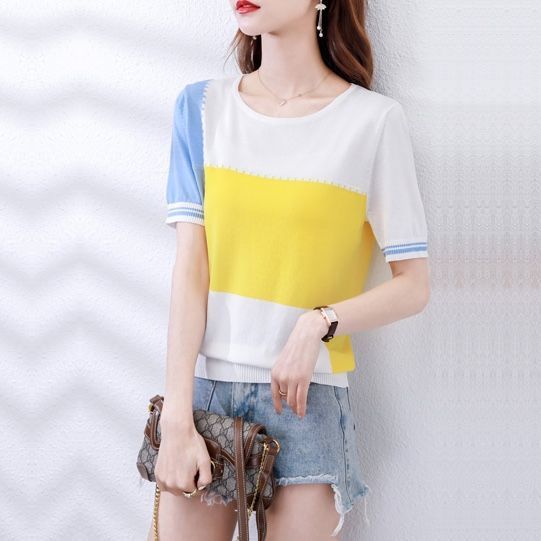 t恤高档夏季女装新款宽松韩版上衣女士针织衫短袖打底衫碎花条纹详情8