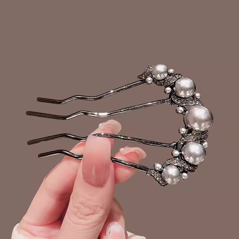 New Chinese-style bun hair hairpin, pearl four-toothed comb hairpin, U-shaped hairpin, elegant updo, hair comb pic 18